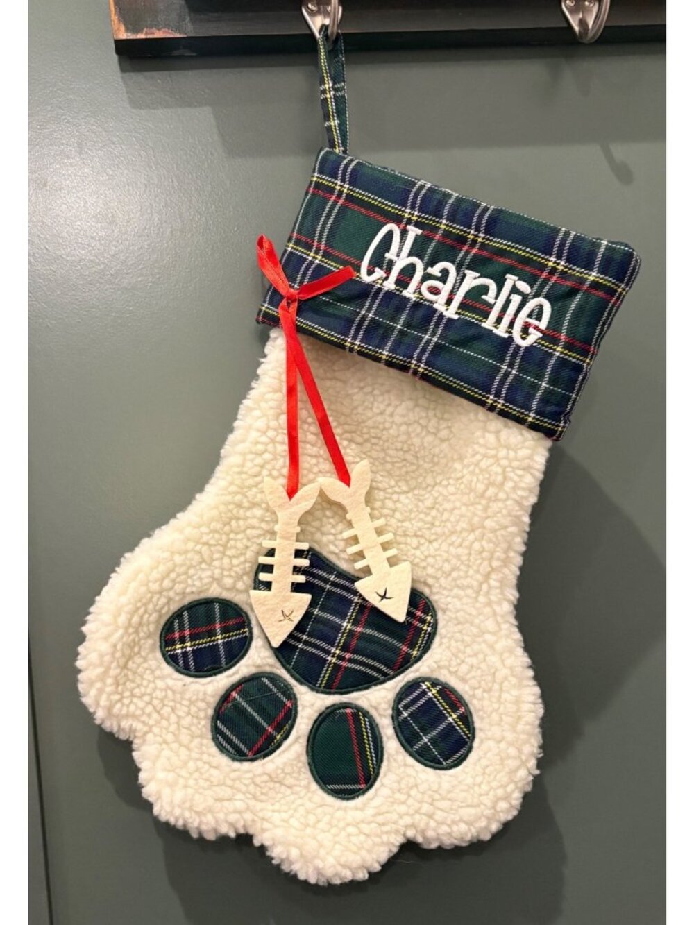 Charlie Cat Paw Christmas Stocking Plaid Fish Bone Ornament Embroidery